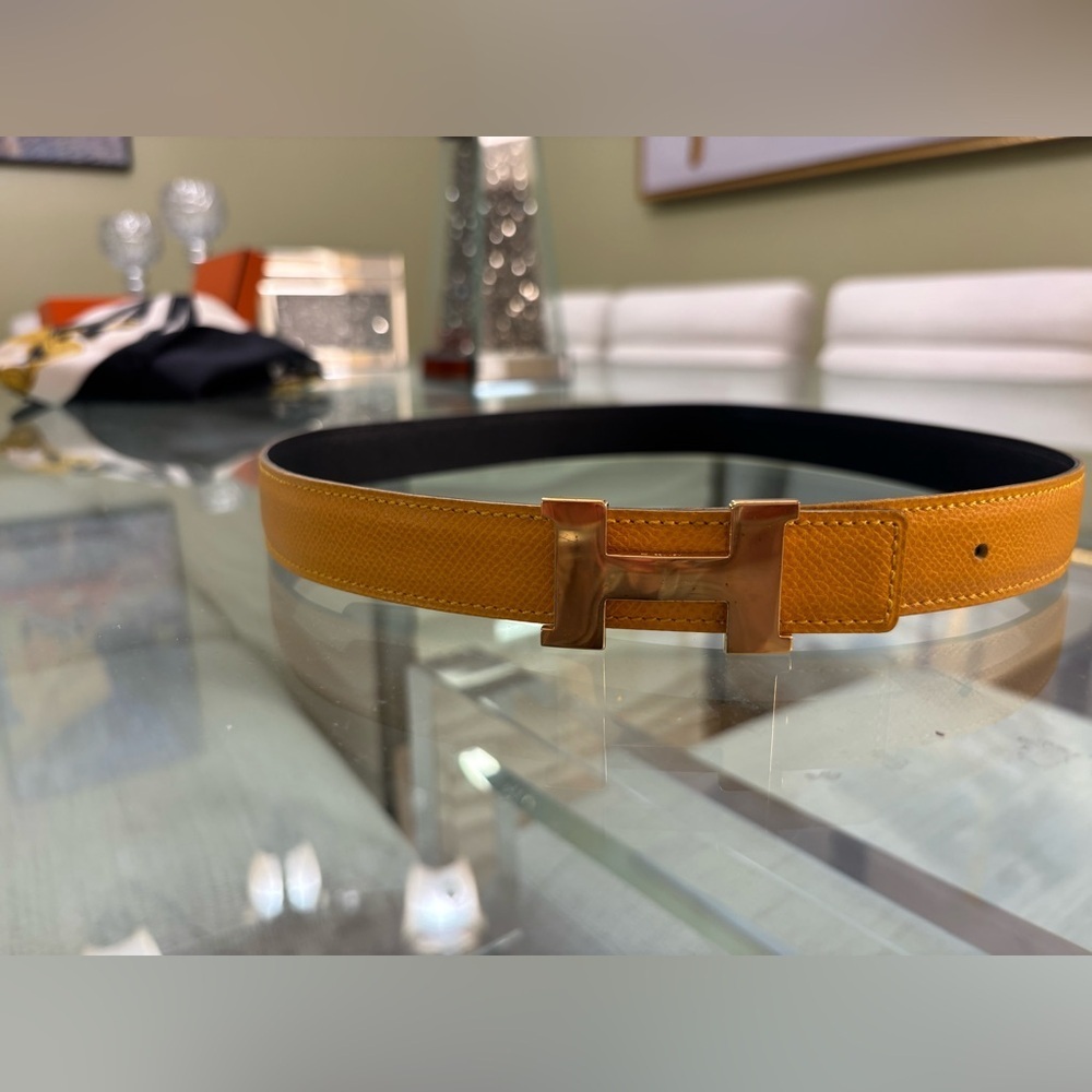 Authentic HERMÈS Jaune/Navy D'or Epsom Constance Reversible H Belt -Size 70 - Picture 6 of 7